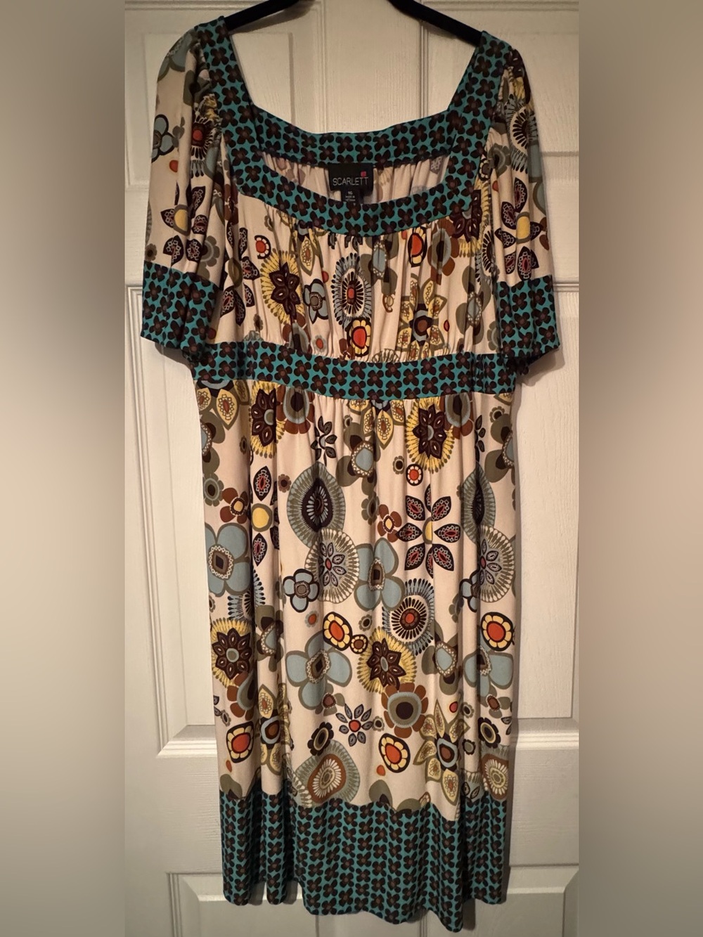 Scarlett Sz 16 Boho Cream Dress with Teal and Brown Retro Floral Accents